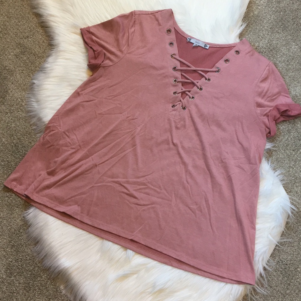 Blush Flowy Criss Cross V Neck T Shirt